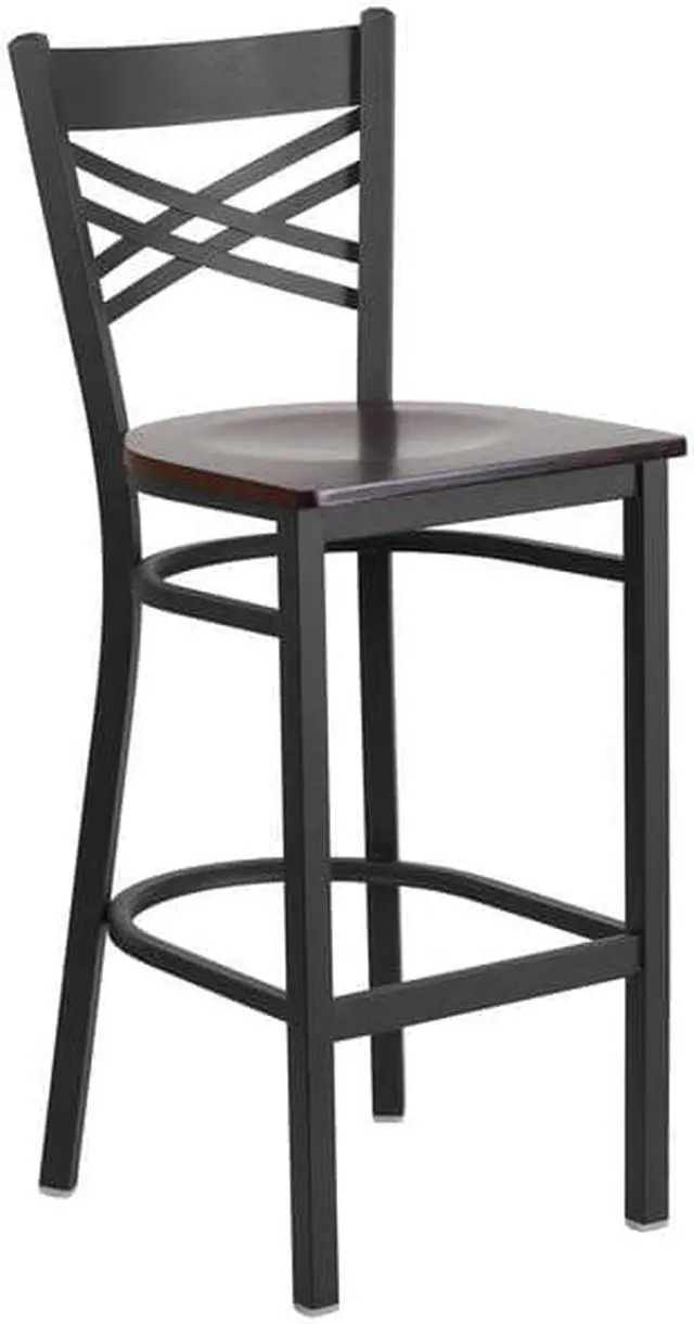 Alt view image 4 of 20 - HERCULES Series Black ''X'' Back Metal Restaurant Barstool - Walnut Wood Seat