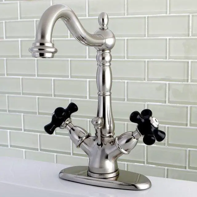 Alt view image 3 of 4 - Kingston Brass KS1438PKX 4 in. Duches Centerset Lavatory Faucet with Brass Pop-Up Elegant Cross Handle, Satin Nickel
