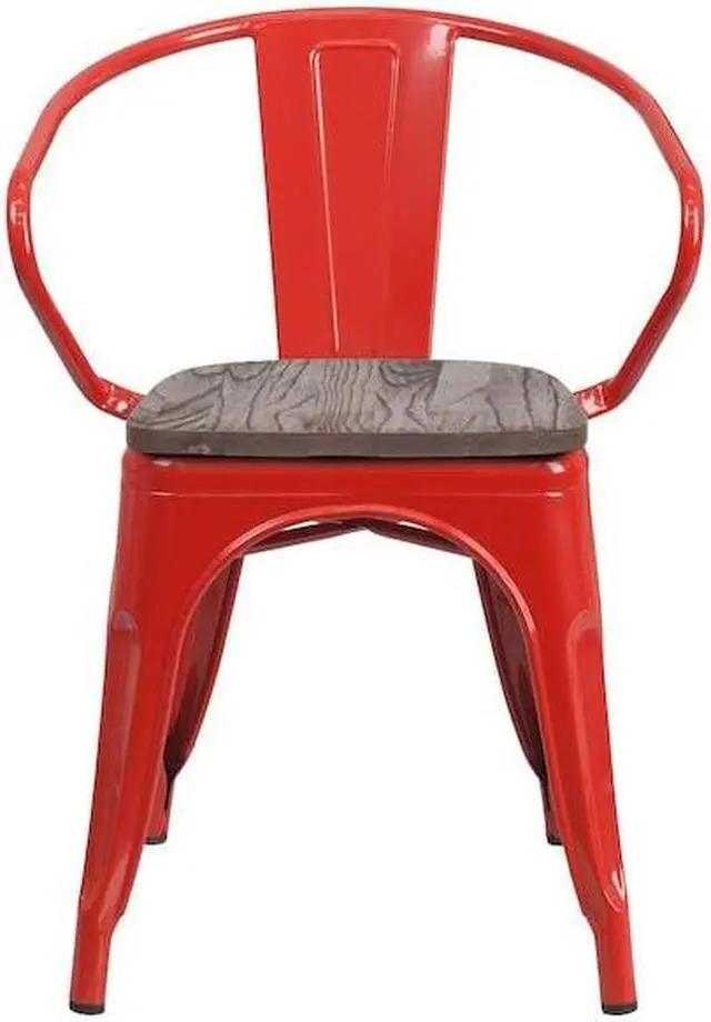 Alt view image 15 of 19 - Red Metal Chair with Wood Seat and Arms