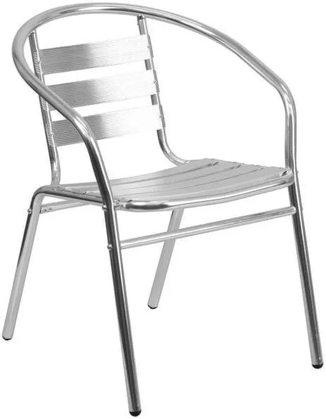Alt view image 11 of 20 - Commercial Aluminum Indoor-Outdoor Restaurant Stack Chair with Triple Slat Back and Arms