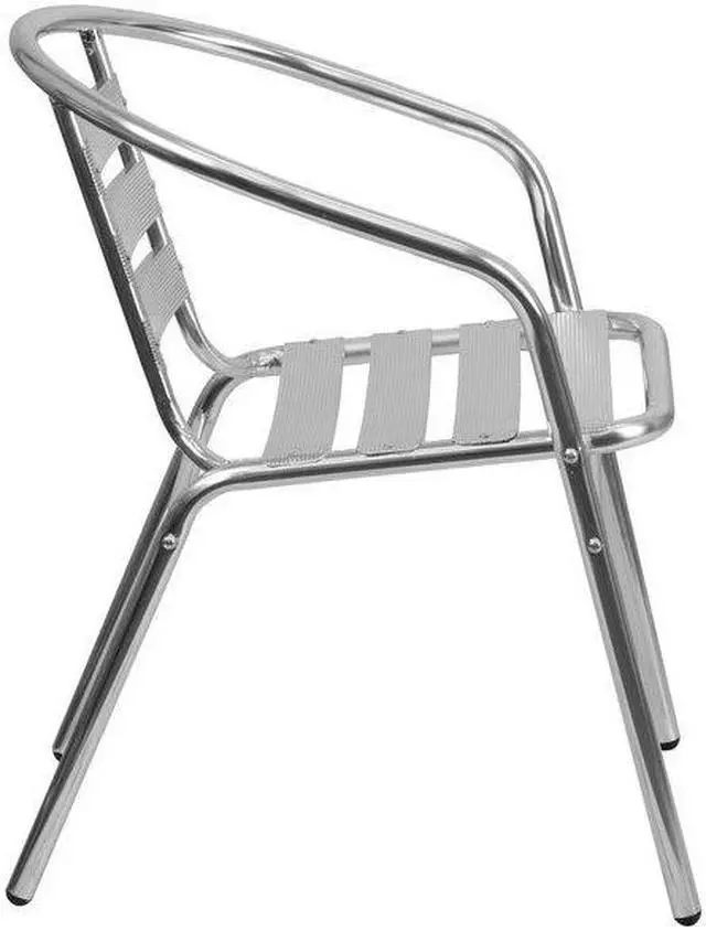 Alt view image 15 of 20 - Commercial Aluminum Indoor-Outdoor Restaurant Stack Chair with Triple Slat Back and Arms