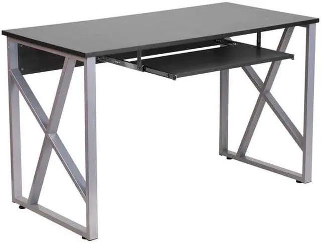 Alt view image 2 of 7 - Black Computer Desk with Pull-Out Keyboard Tray and Cross-Brace Frame