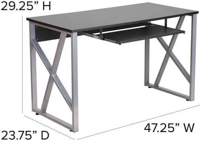 Alt view image 3 of 7 - Black Computer Desk with Pull-Out Keyboard Tray and Cross-Brace Frame