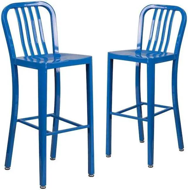 Alt view image 9 of 17 - Flash Furniture Commercial Grade 30" High Blue Metal Indoor-Outdoor Barstool with Vertical Slat Back 2 Pack (2CH6120030BL)