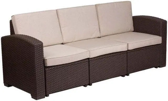 Alt view image 10 of 20 - Chocolate Brown Faux Rattan Sofa with All-Weather Beige Cushions