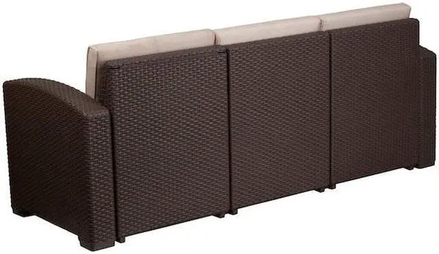 Alt view image 14 of 20 - Chocolate Brown Faux Rattan Sofa with All-Weather Beige Cushions