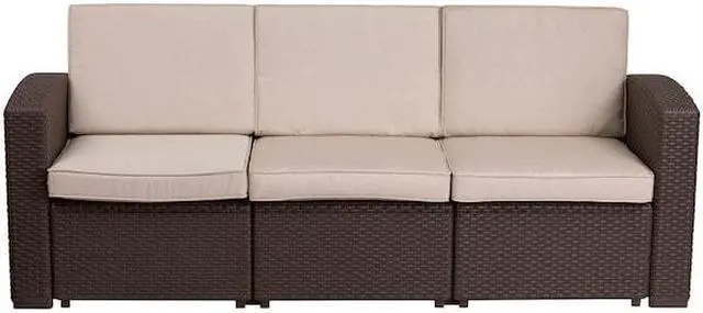 Alt view image 19 of 20 - Chocolate Brown Faux Rattan Sofa with All-Weather Beige Cushions
