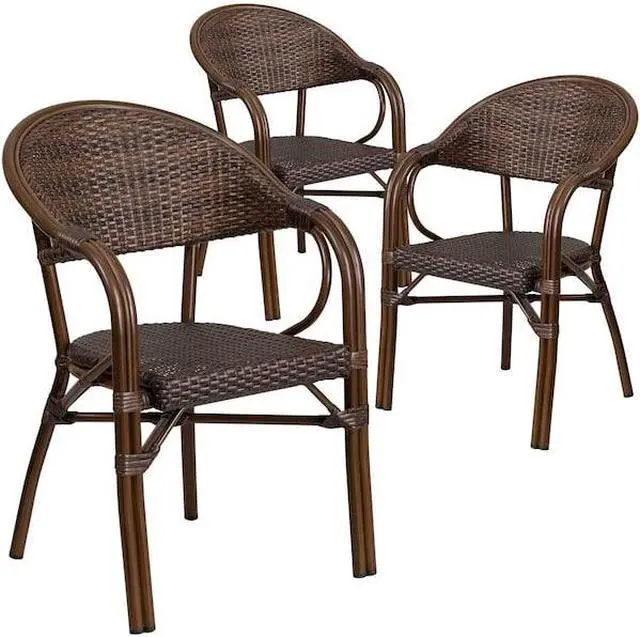 Alt view image 6 of 20 - Flash Furniture Milano Series Bamboo Patio Chair Dark Brown Rattan/Bamboo-Aluminum Frame 3 Pack (3SDAAD642003R1)