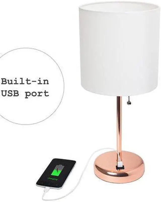 Alt view image 15 of 16 - LimeLights Rose Gold Stick Lamp with USB charging port and Fabric Shade, White