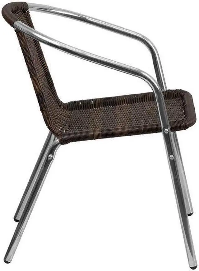 Alt view image 9 of 20 - Commercial Aluminum and Dark Brown Rattan Indoor-Outdoor Restaurant Stack Chair