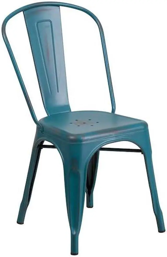 Alt view image 18 of 20 - Commercial Grade Distressed Kelly Blue-Teal Metal Indoor-Outdoor Stackable Chair