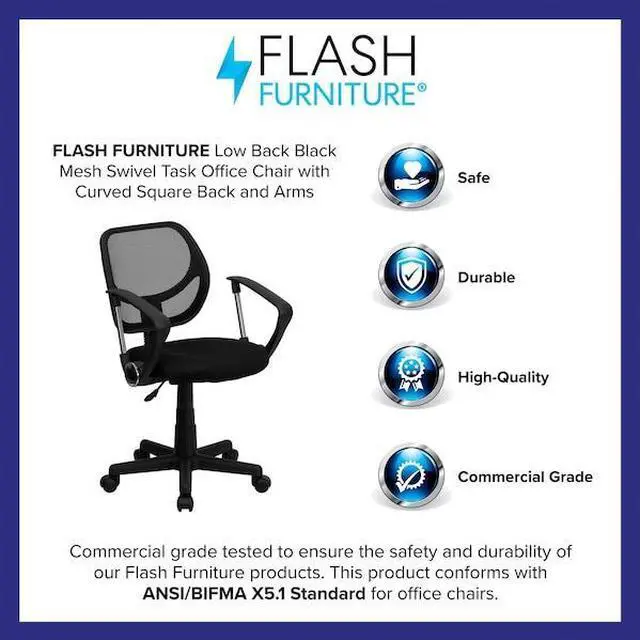 Alt view image 13 of 20 - Low Back Black Mesh Swivel Task Office Chair with Curved Square Back and Arms