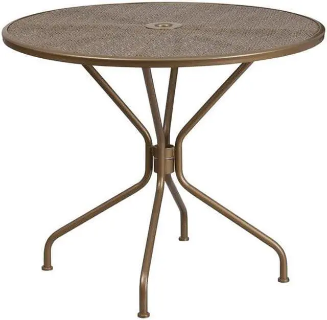 Alt view image 4 of 20 - Flash Furniture Oia Commercial Grade Round Indoor-Outdoor Steel Patio Table with Umbrella Hole Gold (CO7GD)