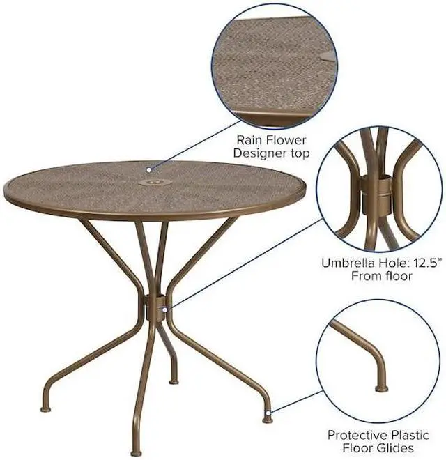 Alt view image 13 of 20 - Flash Furniture Oia Commercial Grade Round Indoor-Outdoor Steel Patio Table with Umbrella Hole Gold (CO7GD)