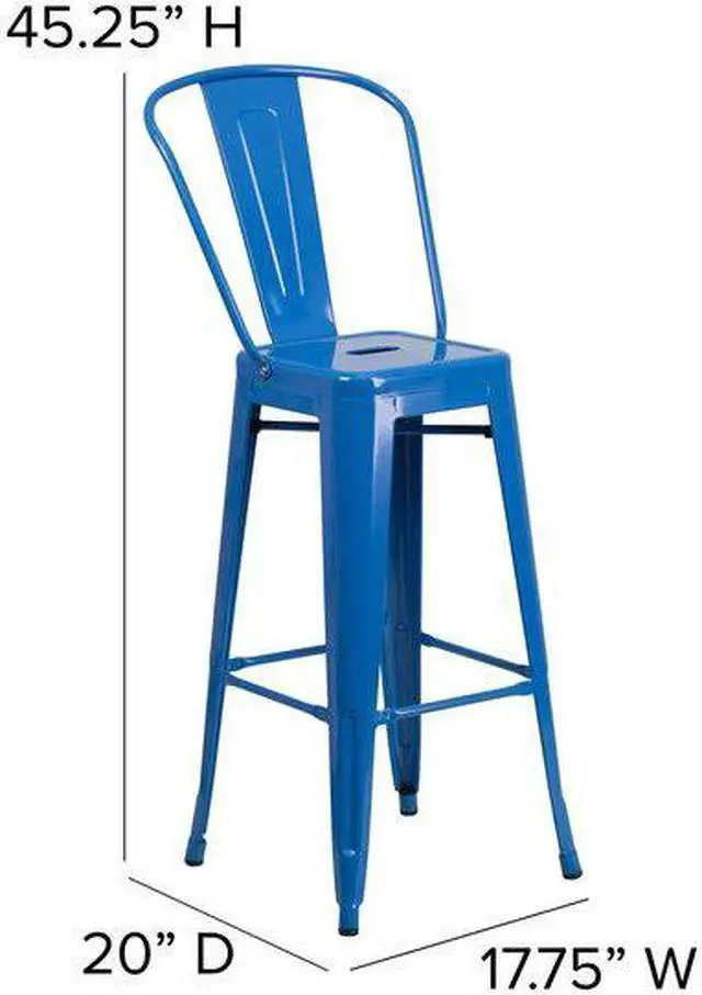 Alt view image 3 of 15 - Commercial Grade 30" High Blue Metal Indoor-Outdoor Barstool with Removable Back