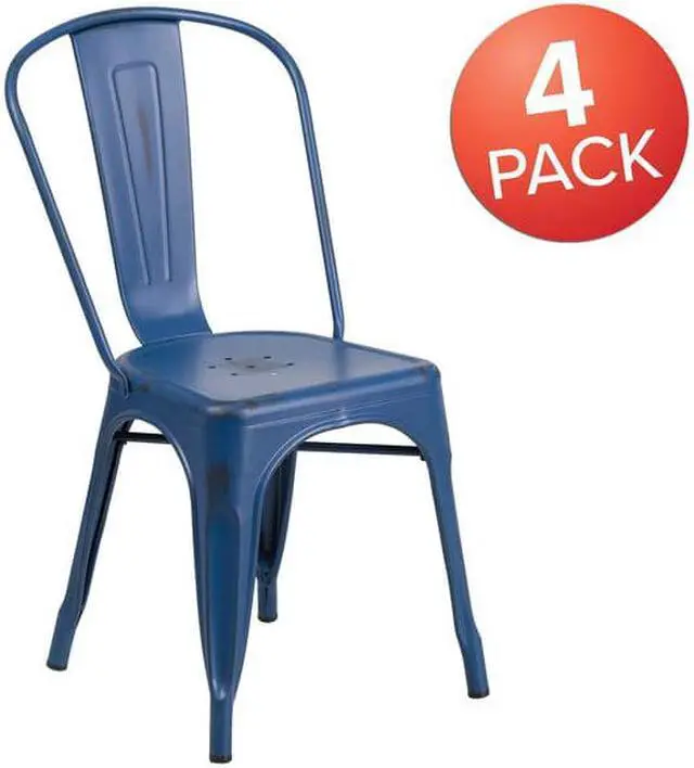Alt view image 4 of 18 - 4 Pk. Distressed Antique Blue Metal Indoor-Outdoor Stackable Chair