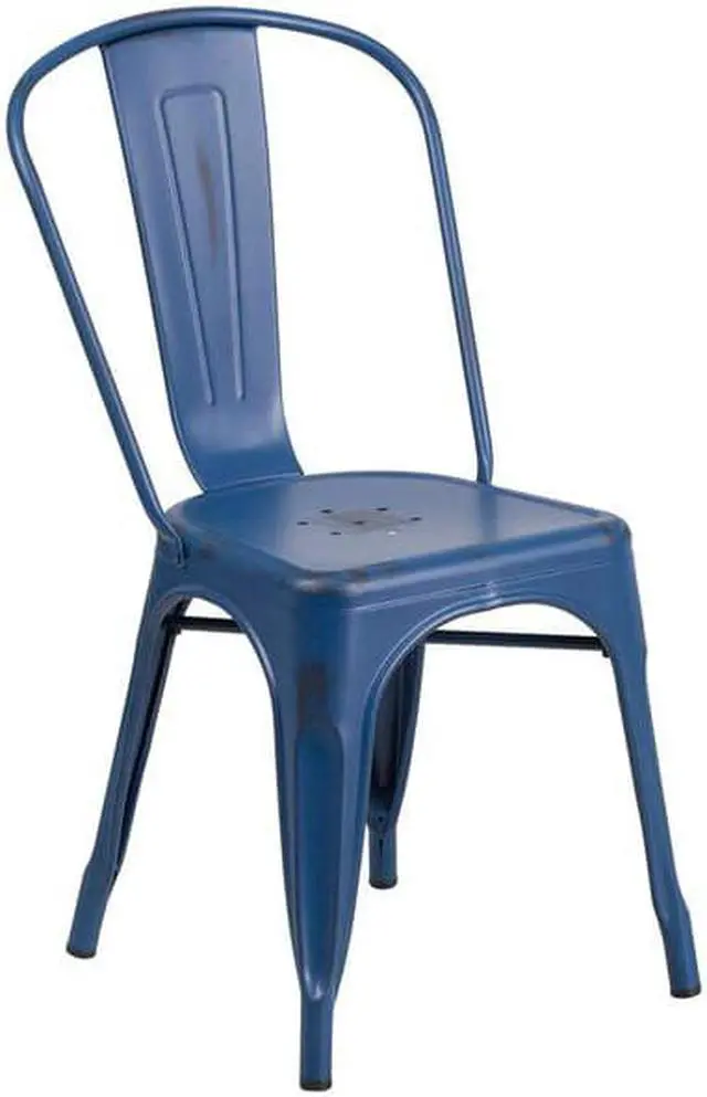 Alt view image 8 of 18 - 4 Pk. Distressed Antique Blue Metal Indoor-Outdoor Stackable Chair