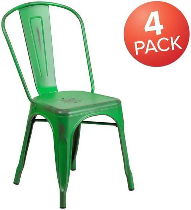 Alt view image 5 of 14 - 4 Pk. Distressed Green Metal Indoor Stackable Chair