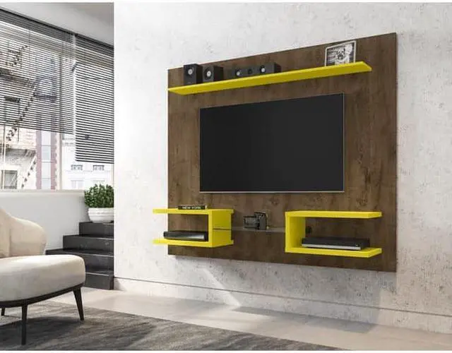 Alt view image 8 of 14 - Plaza 64.25 Floating Entertainment Center in Rustic Brown and Yellow