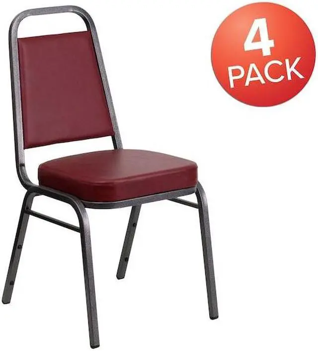 Alt view image 4 of 14 - 4 Pk. HERCULES Series Trapezoidal Back Stacking Banquet Chair with Burgundy Vinyl and 2.5'' Thick Seat - Silver Vein Frame