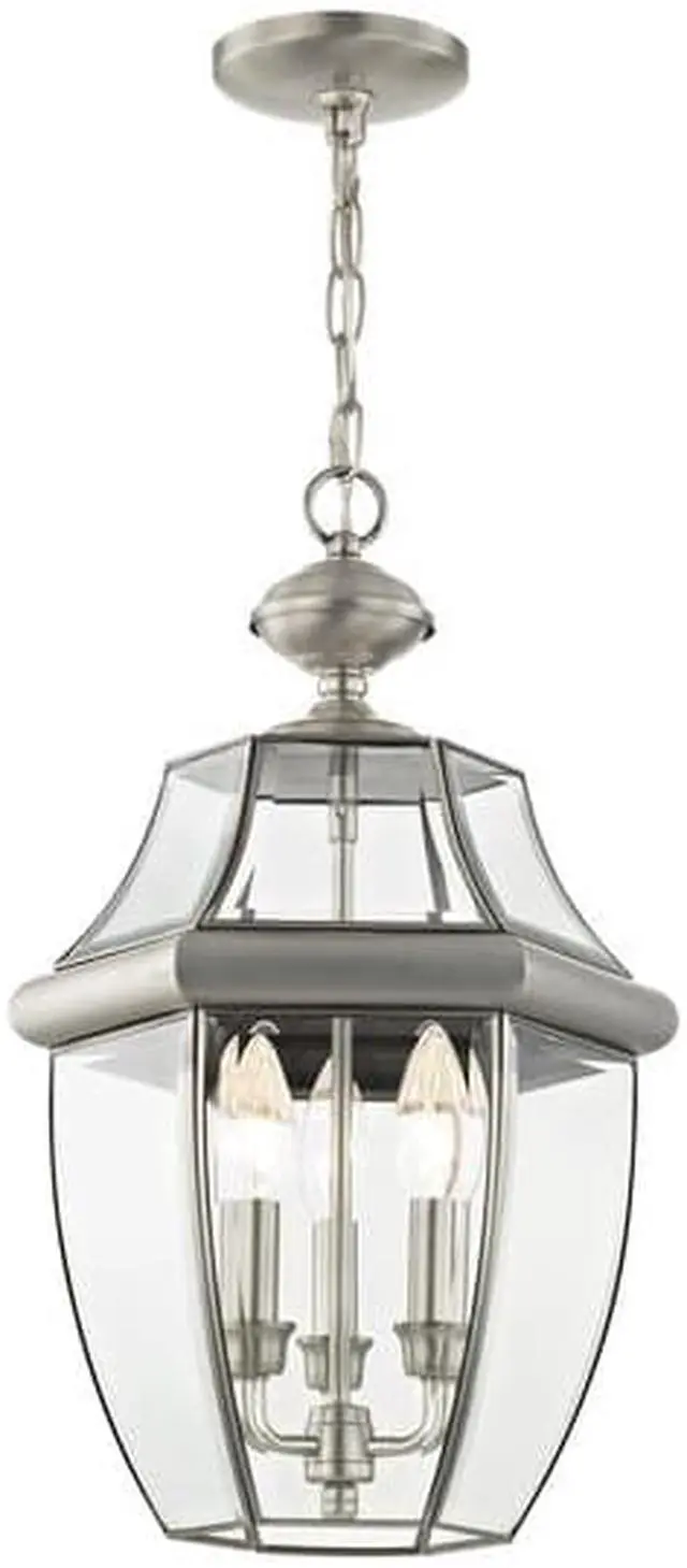 Alt view image 4 of 6 - Livex Lighting 2355-91 Monterey 3 Light Outdoor Brushed Nickel Finish Solid Brass Hanging Lantern with Clear Beveled Glass