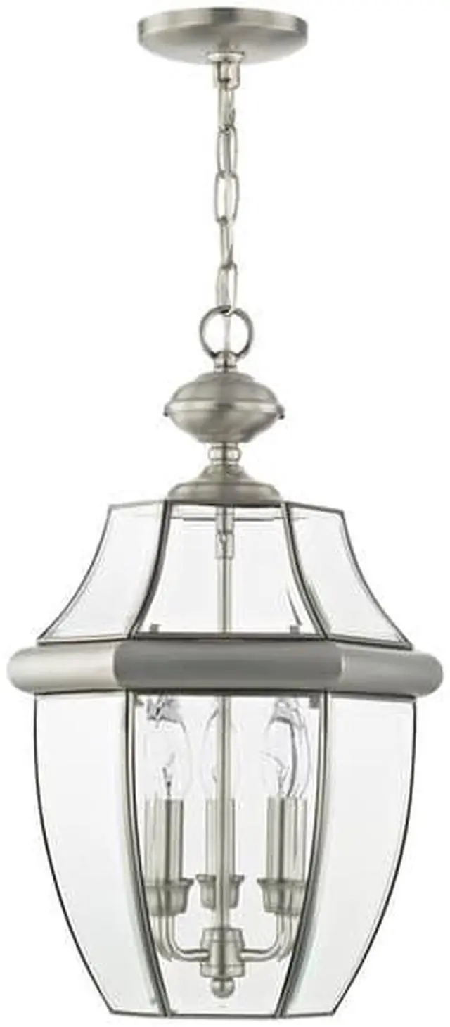 Alt view image 3 of 6 - Livex Lighting 2355-91 Monterey 3 Light Outdoor Brushed Nickel Finish Solid Brass Hanging Lantern with Clear Beveled Glass
