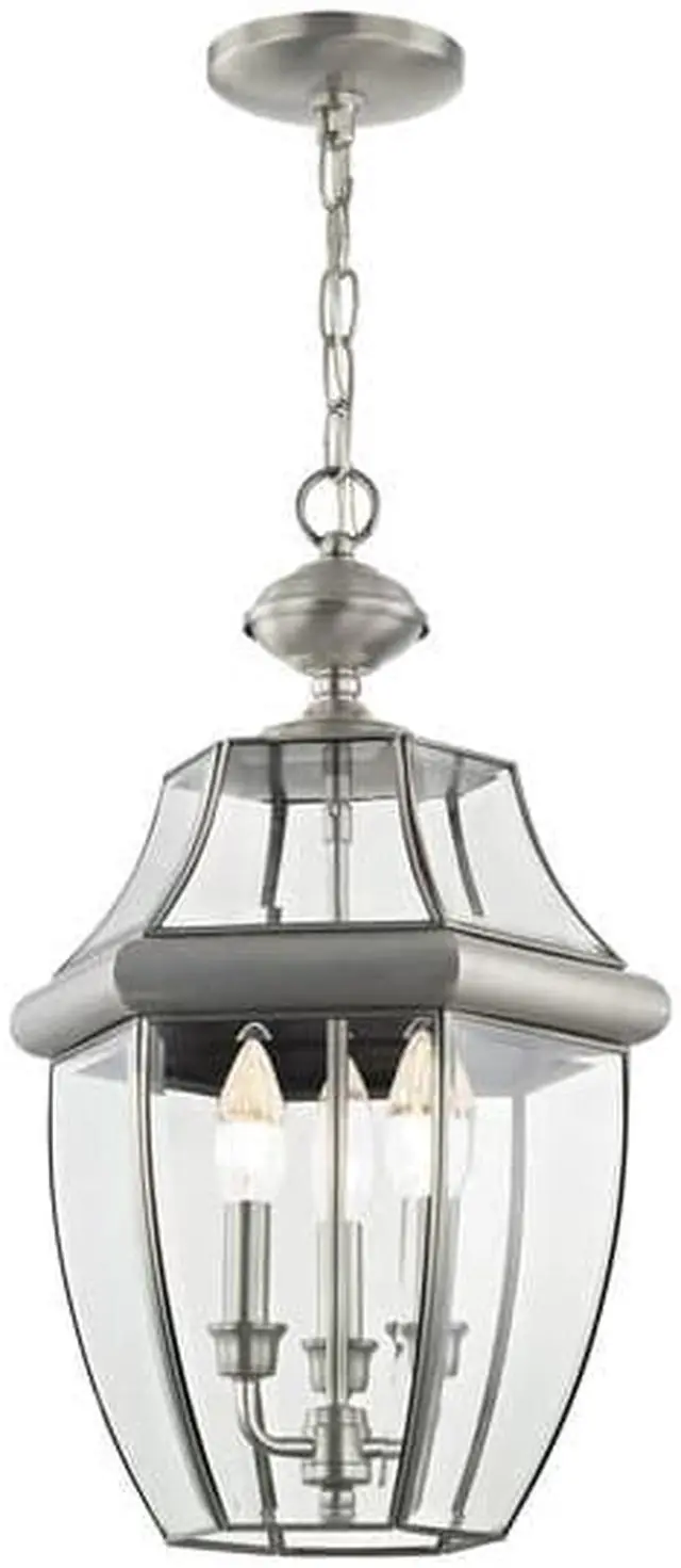 Alt view image 5 of 6 - Livex Lighting 2355-91 Monterey 3 Light Outdoor Brushed Nickel Finish Solid Brass Hanging Lantern with Clear Beveled Glass