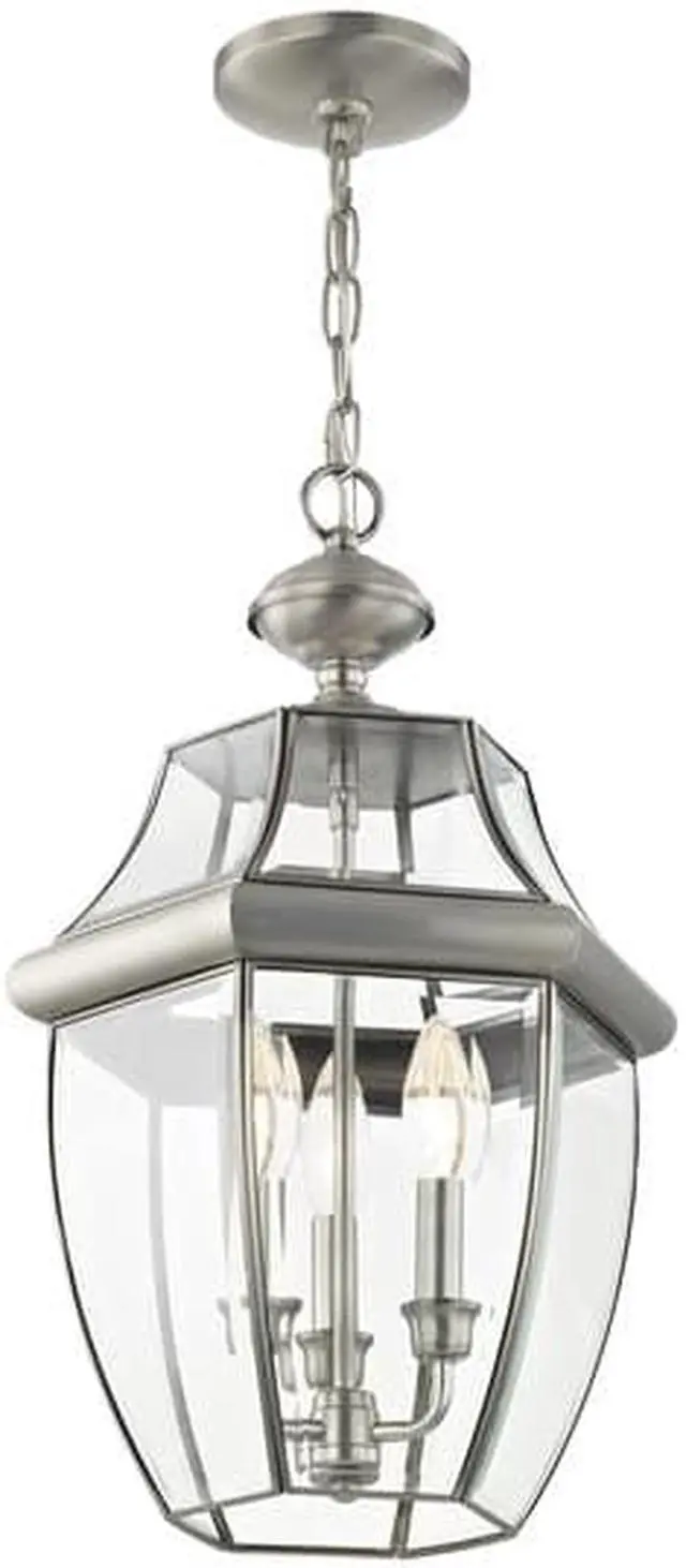 Alt view image 6 of 6 - Livex Lighting 2355-91 Monterey 3 Light Outdoor Brushed Nickel Finish Solid Brass Hanging Lantern with Clear Beveled Glass