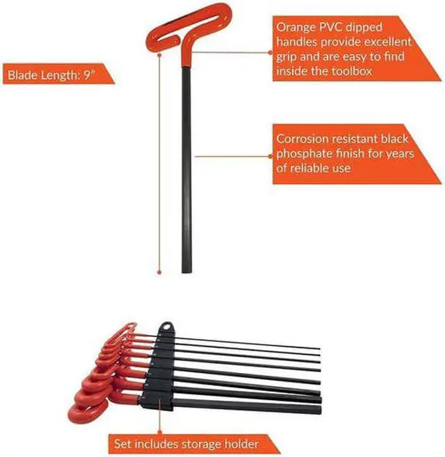 Alt view image 4 of 8 - dynamic 8 piece 9" long t-handle, metric hex key set, 2mm - 10mm