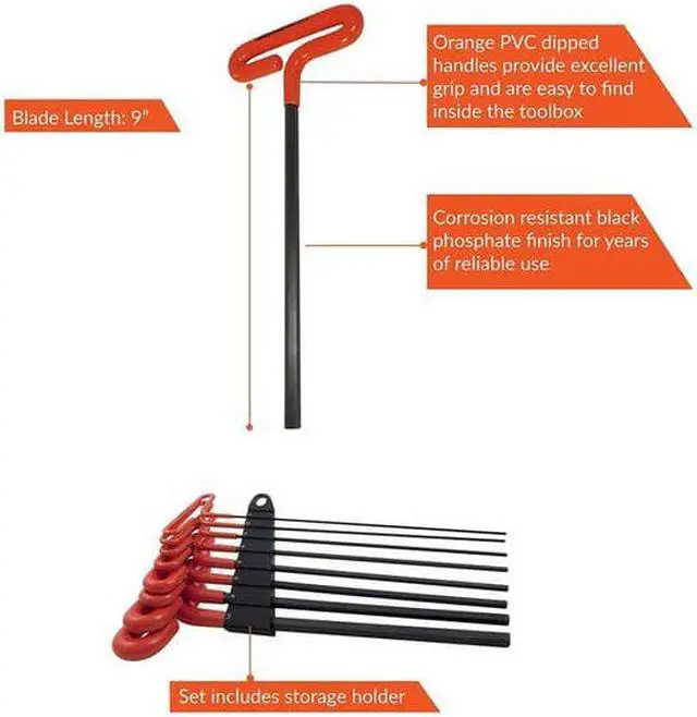Alt view image 6 of 8 - dynamic 8 piece 9" long t-handle, metric hex key set, 2mm - 10mm