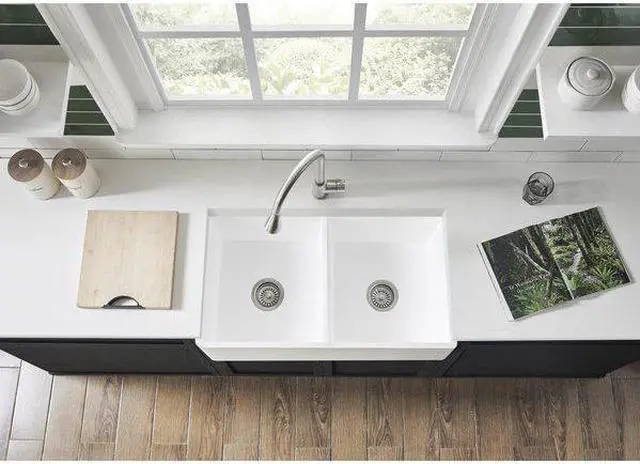 Alt view image 7 of 8 - Gourmetier GKFA361810BCD Solid Surface Double Bowl Farmhouse Kitchen Sink, Matte White