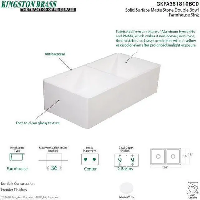 Alt view image 8 of 8 - Gourmetier GKFA361810BCD Solid Surface Double Bowl Farmhouse Kitchen Sink, Matte White