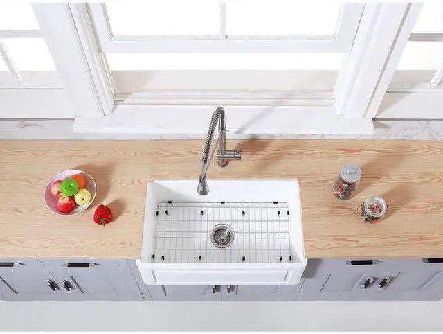 Alt view image 3 of 3 - Gourmetier KGKFA301810LD Farmhouse Single Bowl Kitchen Sink with Strainer & Grid, Matte White/Brushed