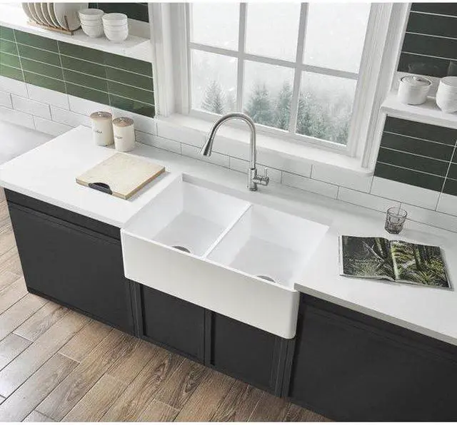 Alt view image 4 of 8 - Gourmetier GKFA331810BCD Solid Surface Double Bowl Farmhouse Kitchen Sink, Matte White