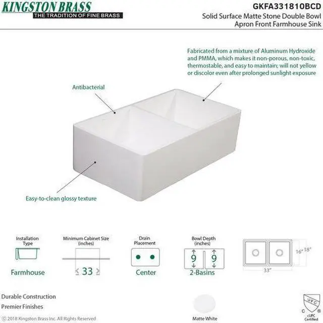 Alt view image 7 of 8 - Gourmetier GKFA331810BCD Solid Surface Double Bowl Farmhouse Kitchen Sink, Matte White