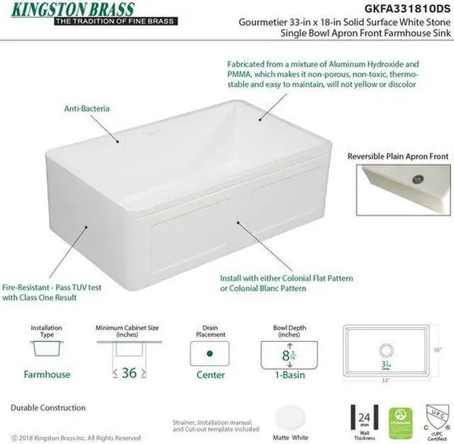 Alt view image 4 of 6 - Gourmetier GKFA331810DS Solid Surface Matte Stone Apron Front Farmhouse Single Bowl Kitchen Sink, Matte White
