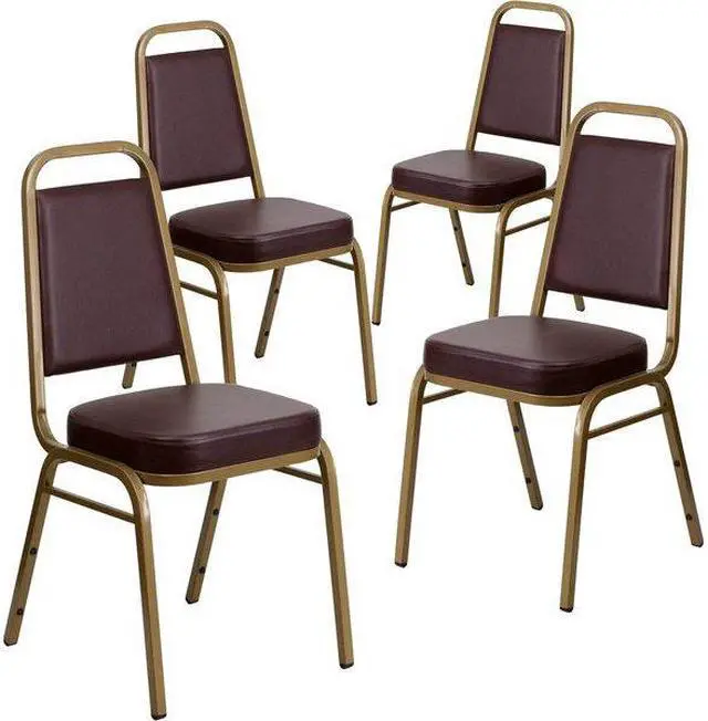 Alt view image 7 of 7 - 4 Pack HERCULES Series Trapezoidal Back Stacking Banquet Chair in Brown Vinyl - Gold Frame