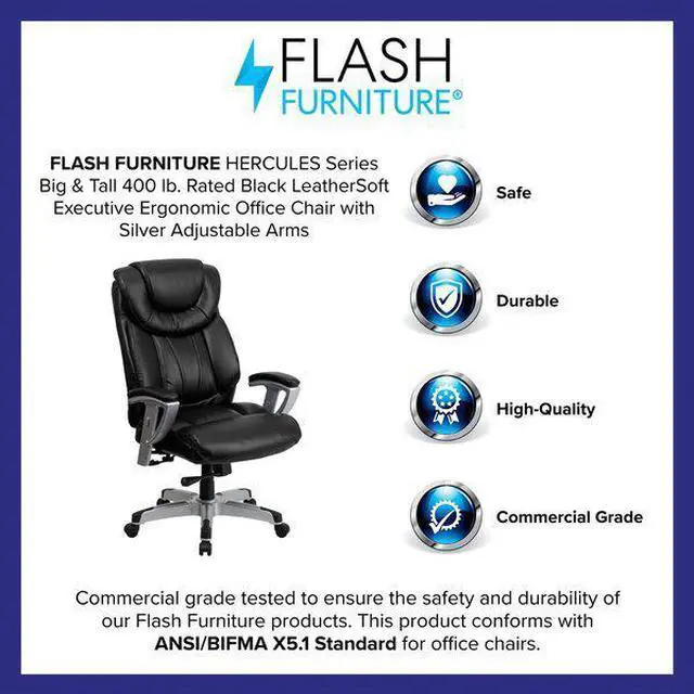 Alt view image 15 of 20 - HERCULES Series Big & Tall 400 lb. Rated Black LeatherSoft Executive Ergonomic Office Chair with Silver Adjustable Arms