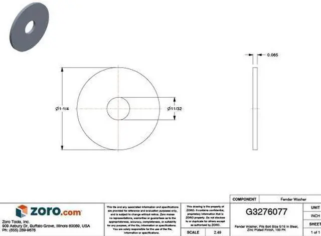 Alt view image 2 of 2 - ZORO SELECT U38210.031.0125 Fender Washer, For Screw Size 5/16" ,Steel Zinc