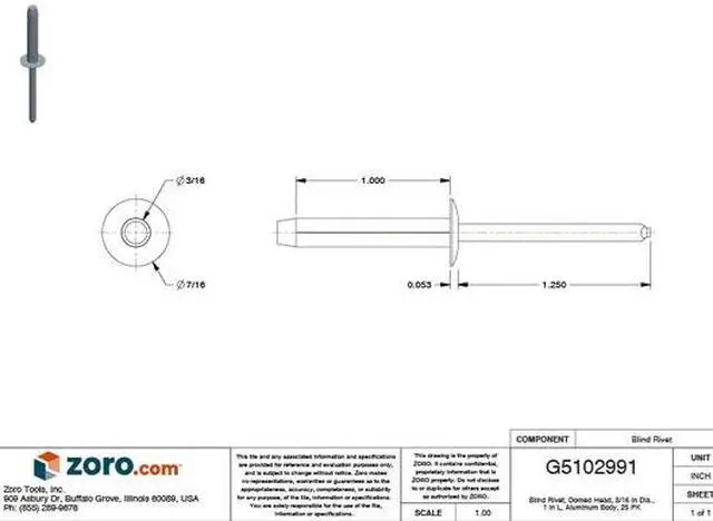 Alt view image 2 of 2 - ZORO SELECT 1609PK Blind Rivet, Dome Head, 3/16 in Dia., 1 in L, Aluminum Body,