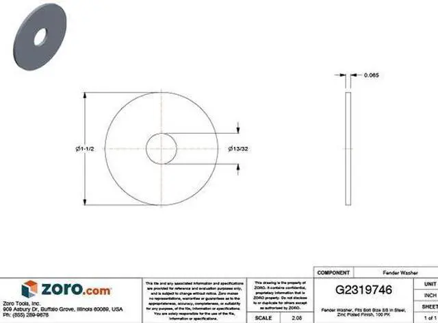 Alt view image 2 of 2 - ZORO SELECT U38210.037.0150 Fender Washer, For Screw Size 3/8" ,Steel Zinc