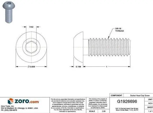 Alt view image 2 of 2 - ZORO SELECT U07150.037.0100 3/8"-16 Socket Head Cap Screw, Button, Black Oxide