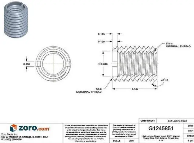 Alt view image 3 of 3 - E-Z LOK 329-1018-PK5 Heavy Wall Self Locking Thread Insert, 5/8"-11 Int Thrd