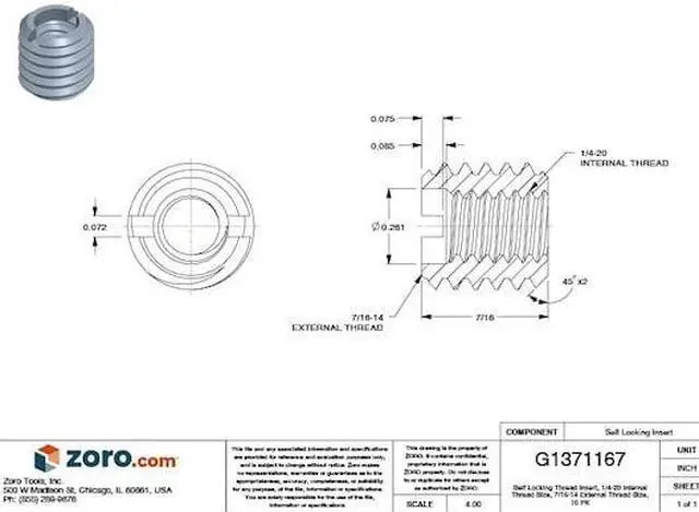 Alt view image 3 of 3 - E-Z LOK 329-4 Thread Insert,1/4-20,7/16 L,Pk10