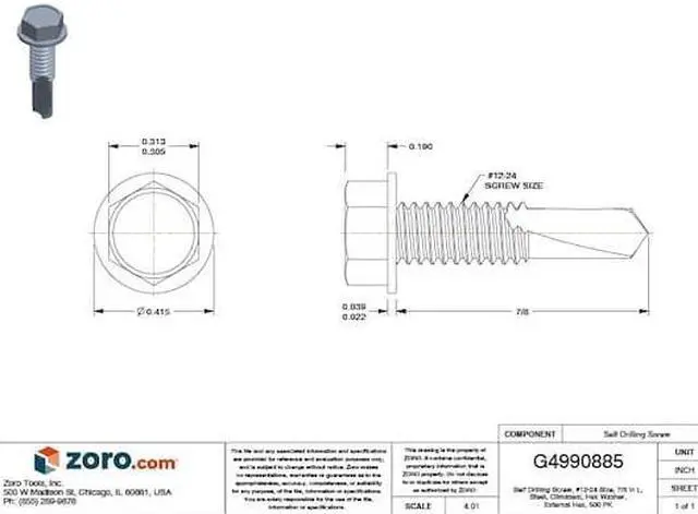 Alt view image 3 of 3 - TEKS 1088000 Self-Drilling Screw, #12 x 7/8 in, Climaseal Steel Flange Hex Head