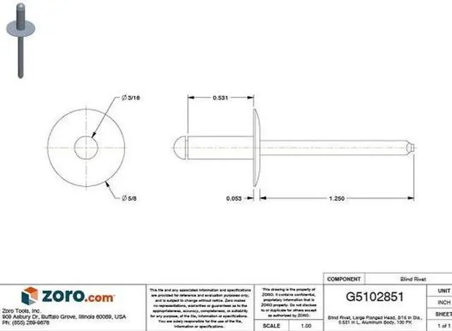 Alt view image 2 of 2 - ZORO SELECT 1904PK Blind Rivet, Dome Head, 3/16 in Dia., 17/32 in L, Aluminum