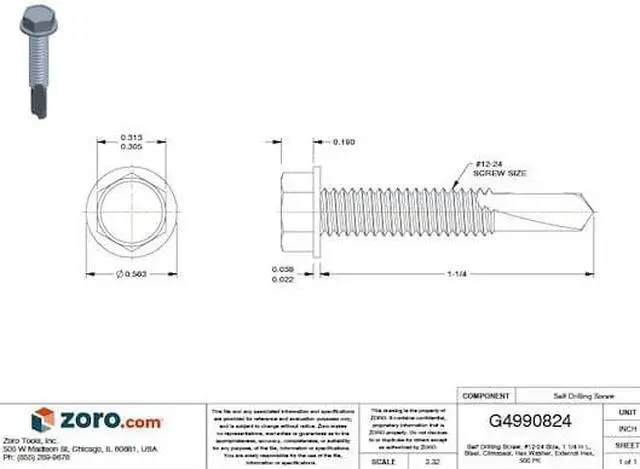 Alt view image 3 of 3 - TEKS 1414000 Self-Drilling Screw, #12 x 1-1/4 in, Climaseal Steel Flange Hex