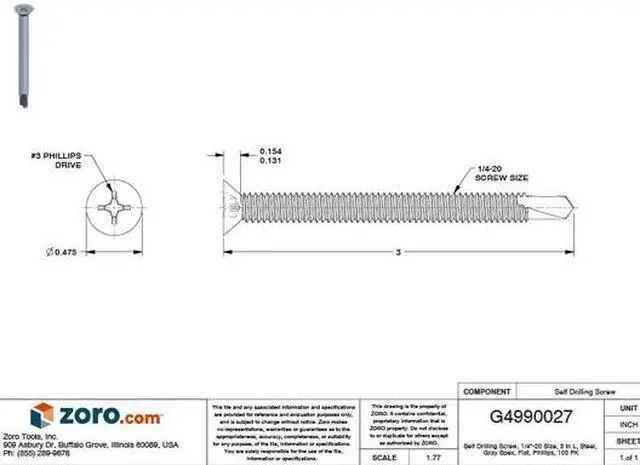 Alt view image 3 of 3 - TEKS 1096000 1/4" x 3" Steel Self Drilling Screws, Flat Head Type 100 PK