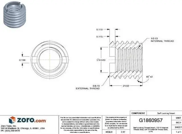 Alt view image 3 of 3 - E-Z LOK 303-8 Thread Insert,1/2-13x21/32 L,Pk5