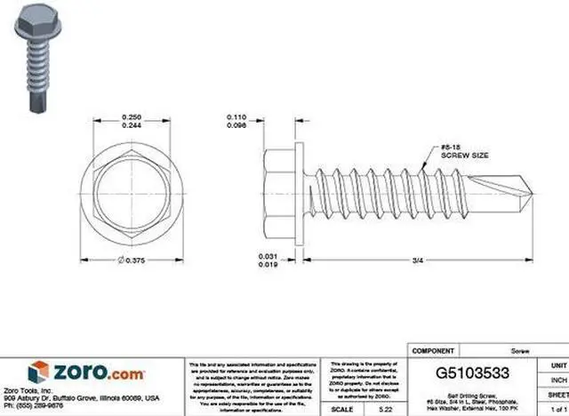 Alt view image 3 of 3 - ZORO SELECT 12216PK Self-Drilling Screw, #8 x 3/4 in, Phosphate Steel Flange
